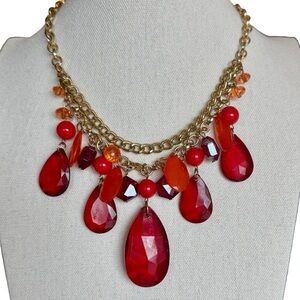 You & I Red Statement Necklace Gold Tone Chain with Faceted Teardrop Stones